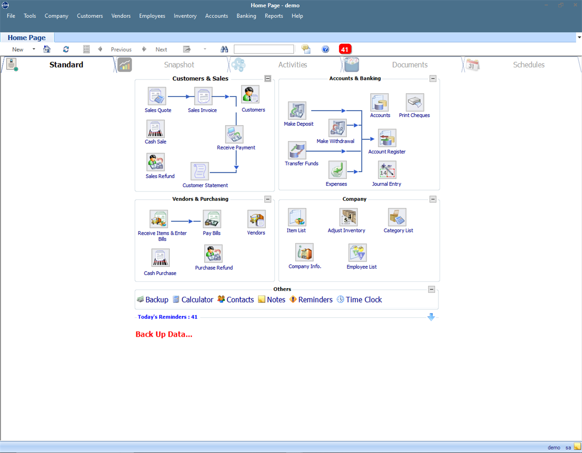 QBM ERP home dashboard showing accounting, sales, purchasing, inventory and reporting workflows