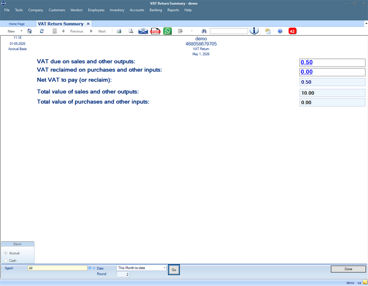QBM VAT return summary screen with demo sample tax values